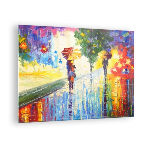 Glastavla - Bild på glas - En färgglad promenad i regnet med ett impressionistiskt paraply - 70x50cm - Allt klart - Modern väggdekoration för vardagsrum och sovrum ARTTOR