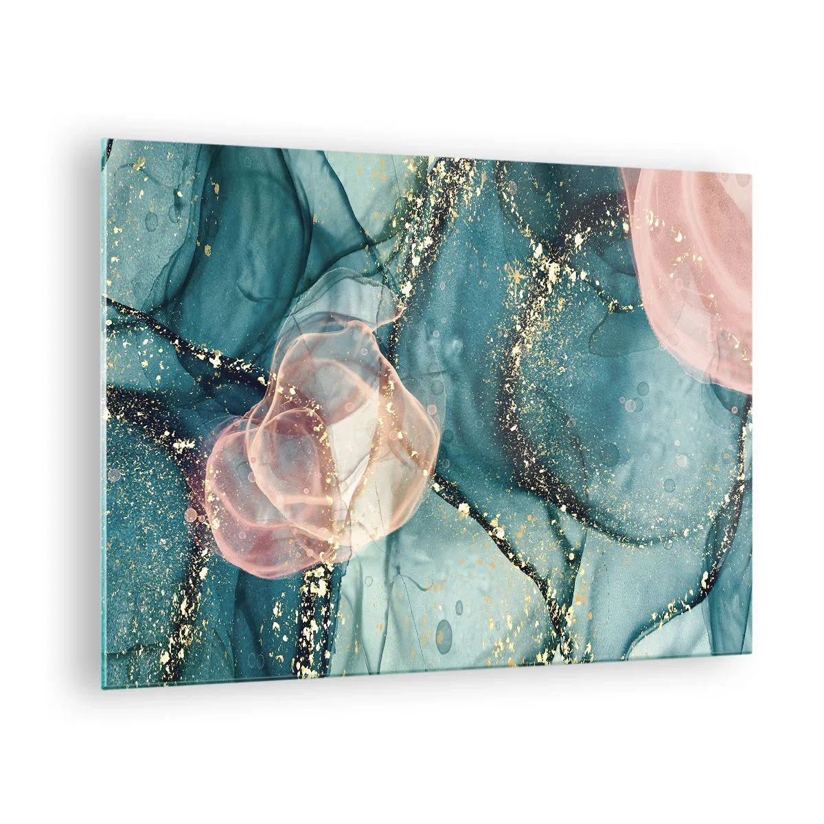 Glastavla - Bild på glas - Abstrakta former i blått och rosa med gulddetaljer - 70x50cm - Sidenblå, tyllrosa - Modern väggdekoration för vardagsrum och sovrum ARTTOR