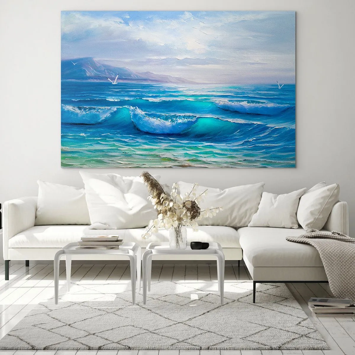 Glastavla - Bild på glas - Blå havsvågor som slår mot stranden på en solig dag - 70x50cm - Stillande - Modern väggdekoration för vardagsrum och sovrum ARTTOR