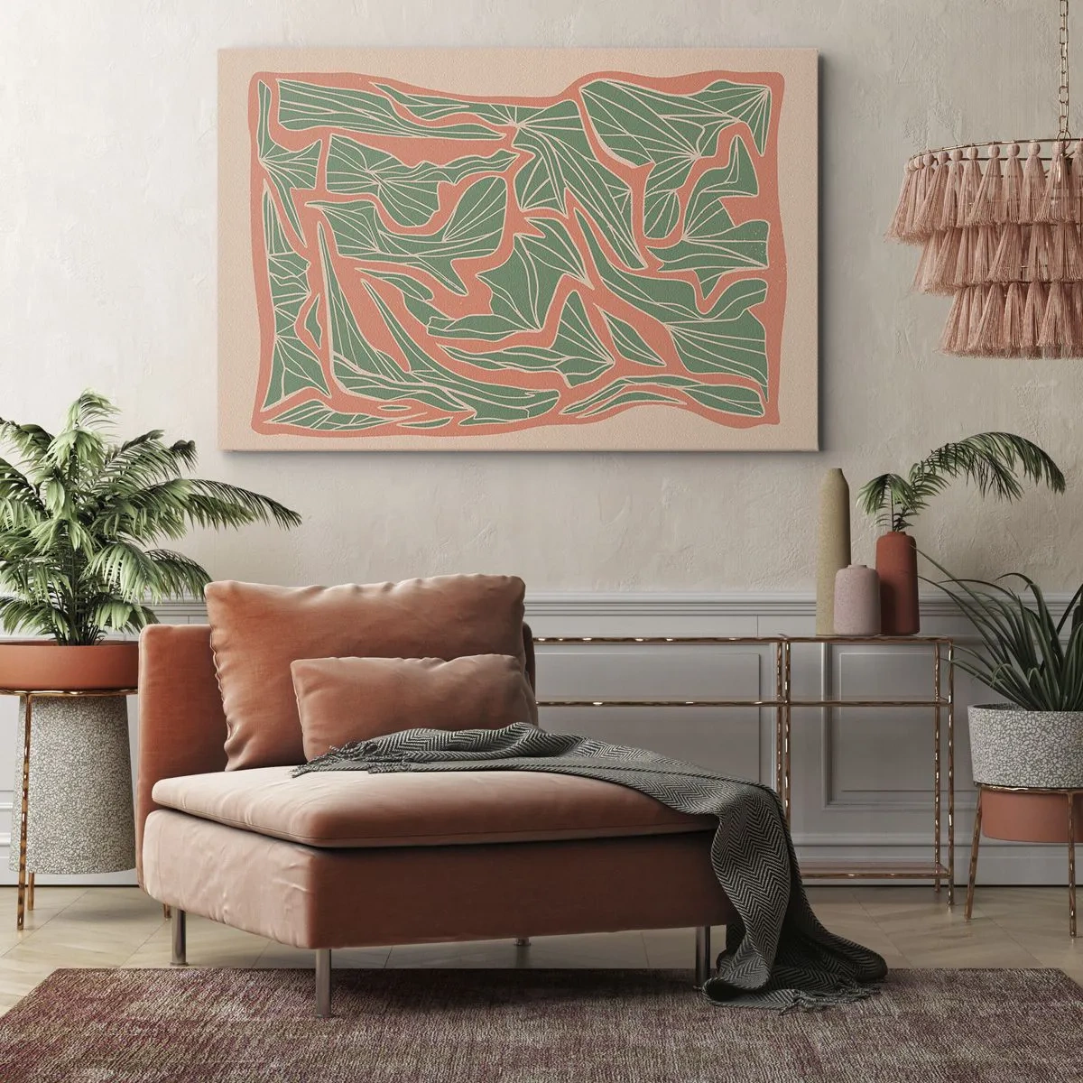 Canvastavla - Bild på duk - Ett växtmönster i nyanser av grönt och orange - 70x50cm - En kamp mellan korall och grönt - Modern väggdekoration för vardagsrum och sovrum ARTTOR