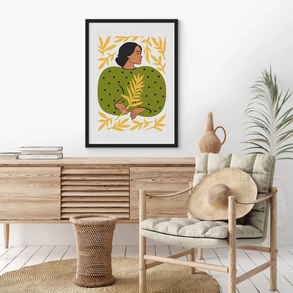 Affisch i svart ram - Porträtt av en kvinna i en grön klänning med ett gult lövverk, med ett delikat mönster - 50x70cm - Hawaiiansk flicka - Modern väggdekoration för vardagsrum och sovrum ARTTOR