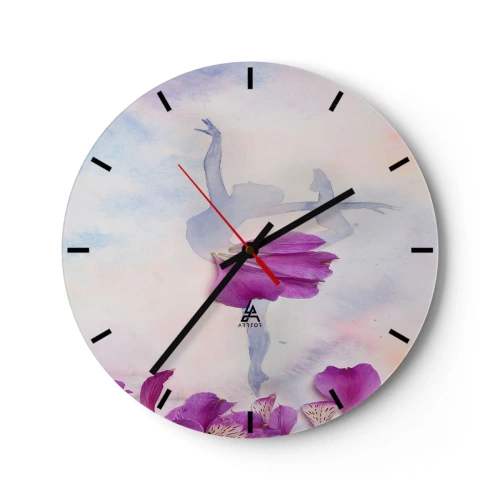 Väggklocka - Klocka på glas - Silhuett av en ballerina med blommor i pastellfärger - 30x30cm - Ömtålig som en blomma - Modern väggdekoration för vardagsrum, kök och sovrum ARTTOR