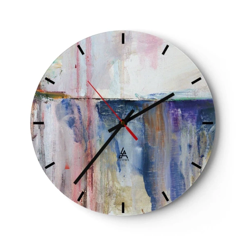 Väggklocka - Klocka på glas - En målerisk komposition med färgstänk i nyanser av blått och rosa. - 30x30cm - Färgrika intryck och associationer - Modern väggdekoration för vardagsrum, kök och sovrum ARTTOR