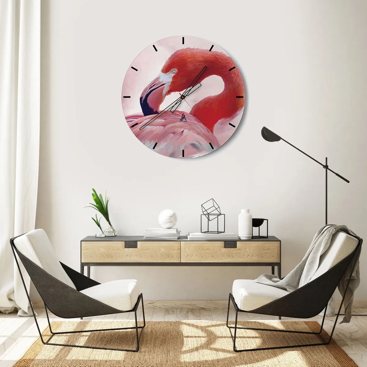 Väggklocka - Klocka på glas - Flamingo i pastellfärger av rosa och rött - 30x30cm - Fågelns skönhet - Modern väggdekoration för vardagsrum, kök och sovrum ARTTOR