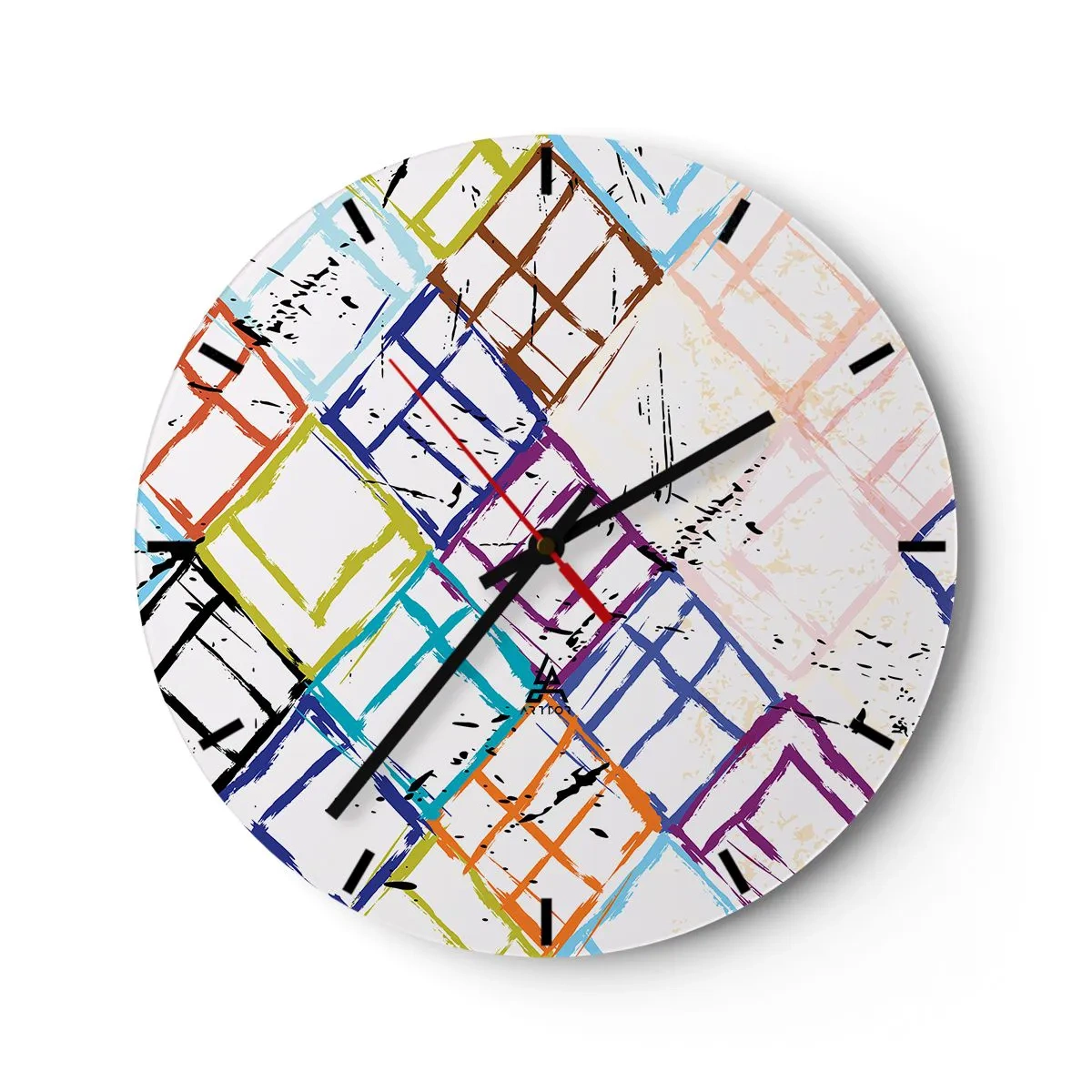 Väggklocka - Klocka på glas - Färgglada abstrakta linjer som bildar geometriska former - 30x30cm - Celler för uthyrning - Modern väggdekoration för vardagsrum, kök och sovrum ARTTOR