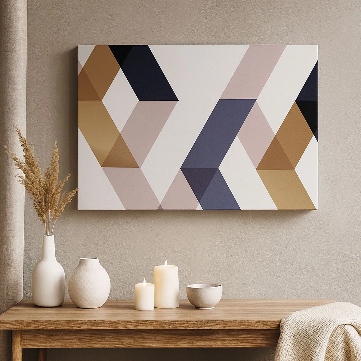 Canvastavla - Bild på duk - Geometriska mönster i nyanser av guld och marinblått - 70x50cm - Plan och vinklar - Modern väggdekoration för vardagsrum och sovrum ARTTOR