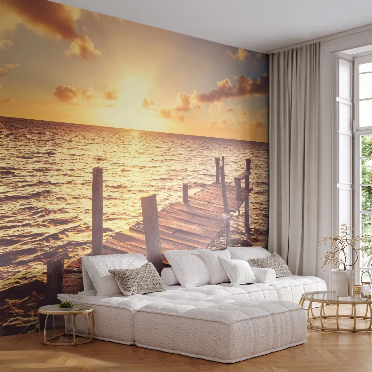 Fototapet Standard Eco - Gyllene mildhetslandskap - Landskap, Hav, Träbro - 400x280 cm