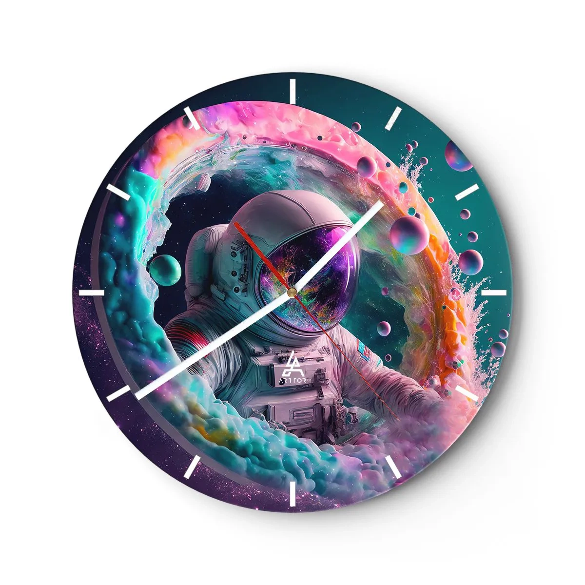 Väggklocka - Klocka på glas - Astronaut bland kosmiska färger och portalliknande effekter - 30x30cm - Stjärnport - Modern väggdekoration för vardagsrum, kök och sovrum ARTTOR