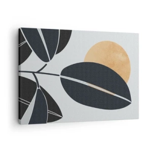 Canvastavla - Bild på duk - Ett minimalistiskt lövmotiv med en ljus sol i bakgrunden. - 70x50cm - Het sommardag - Modern väggdekoration för vardagsrum och sovrum ARTTOR