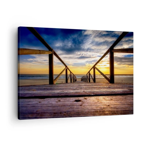 Canvastavla - Bild på duk - Träbrygga som leder till stranden vid solnedgången - 70x50cm - Till vilda stranden i skymningen - Modern väggdekoration för vardagsrum och sovrum ARTTOR