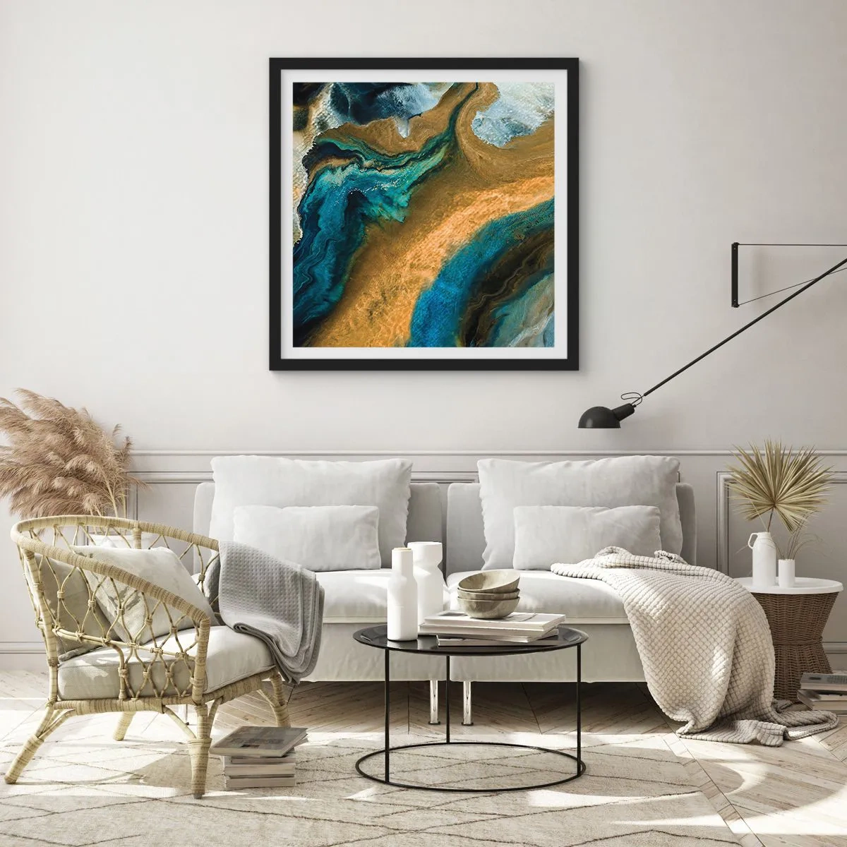 Affisch i svart ram - Blå – gul – ömsesidiga influenser - 60x60 cm
