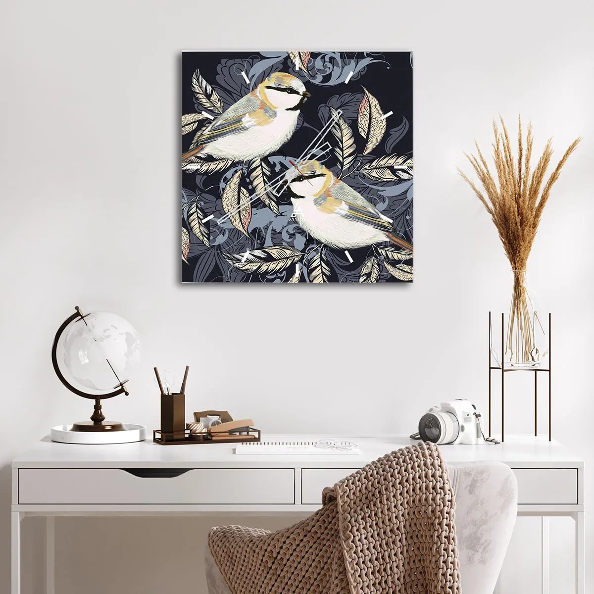 Väggklocka - Klocka på glas - Gul-grå fågelsång - 40x40 cm