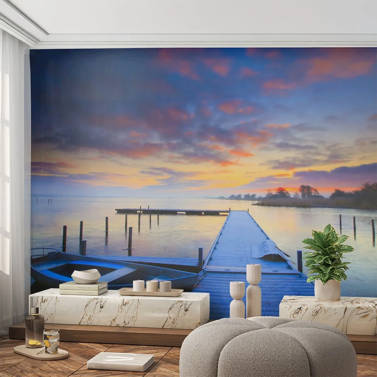 Fototapet Standard Eco - Violet-guld ro - Landskap, Sjö, Båt - 350x256 cm