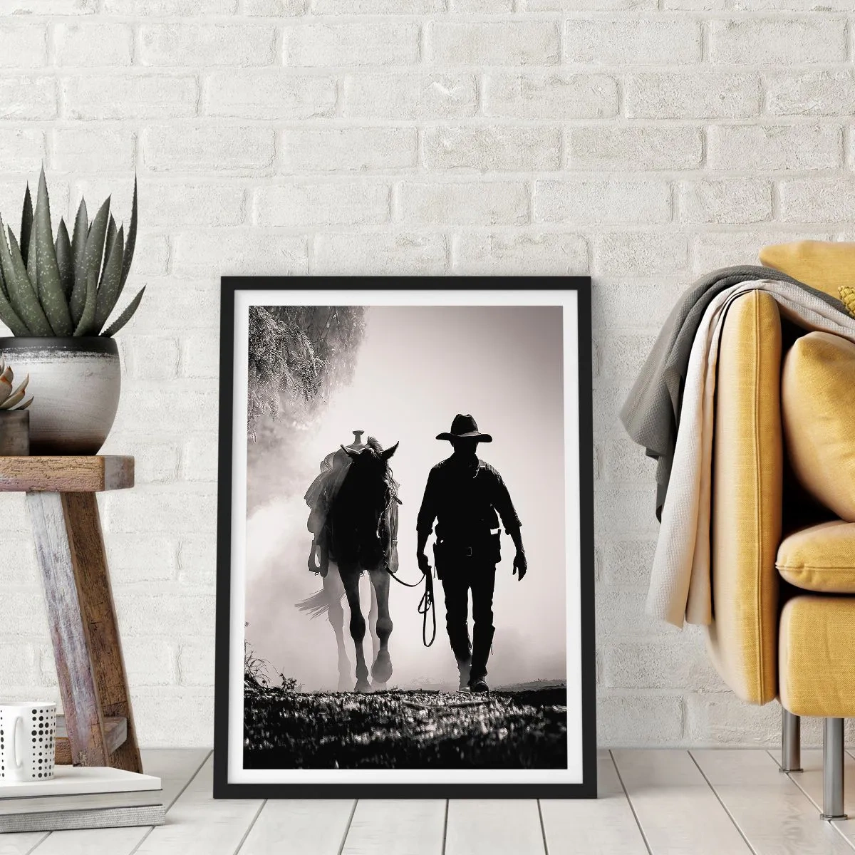 Affisch i svart ram - Silhuetten av en cowboy med sin häst i morgondimman - 50x70cm - En morgon i Texas - Modern väggdekoration för vardagsrum och sovrum ARTTOR