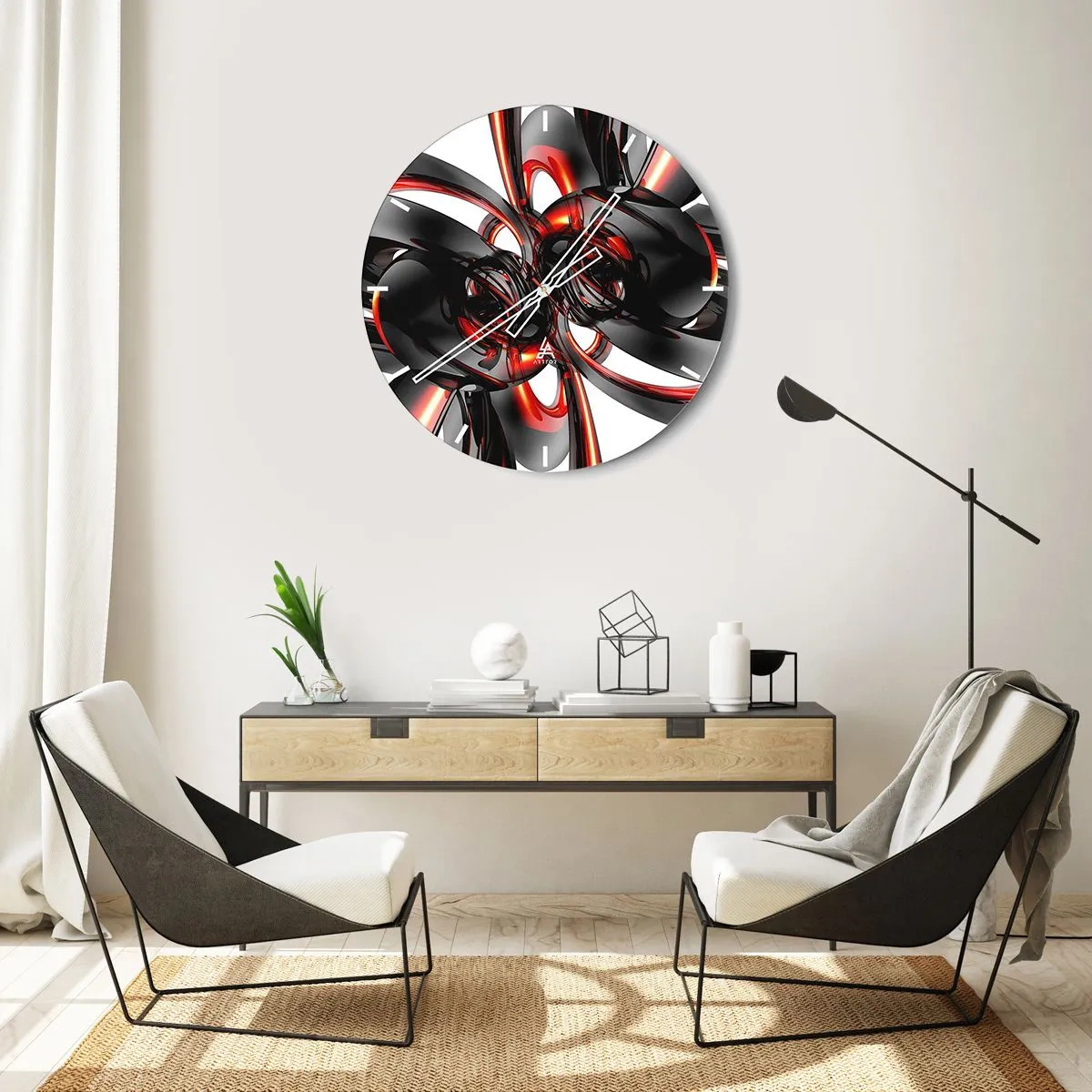 Väggklocka - Klocka på glas - Abstrakt mönster med röda och svarta former - 30x30cm - Rörelse i grafit och röd - Modern väggdekoration för vardagsrum, kök och sovrum ARTTOR