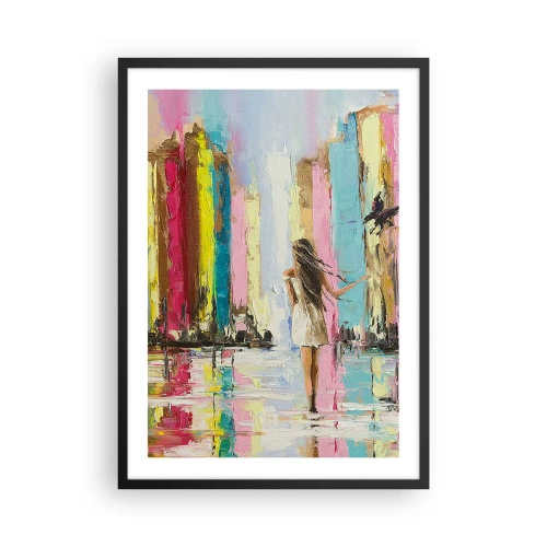 Affisch i svart ram - En kvinna bland färgglada byggnader i impressionistisk stil - 50x70cm - Kom med mig - Modern väggdekoration för vardagsrum och sovrum ARTTOR
