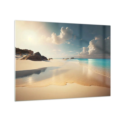 Glastavla - Bild på glas - Gyllene strand och turkost hav i morgonsolens ljus - 70x50cm - En drömlik dag - Modern väggdekoration för vardagsrum och sovrum ARTTOR