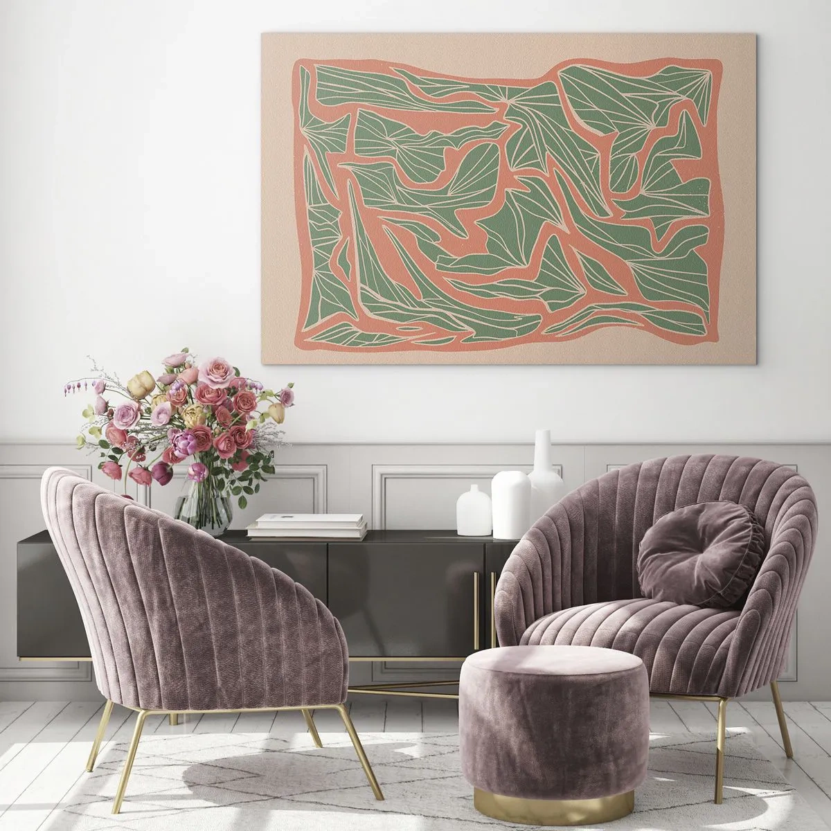 Glastavla - Bild på glas - Gröna bladformer omgivna av en korallram mot en beige bakgrund - 70x50cm - En kamp mellan korall och grönt - Modern väggdekoration för vardagsrum och sovrum ARTTOR