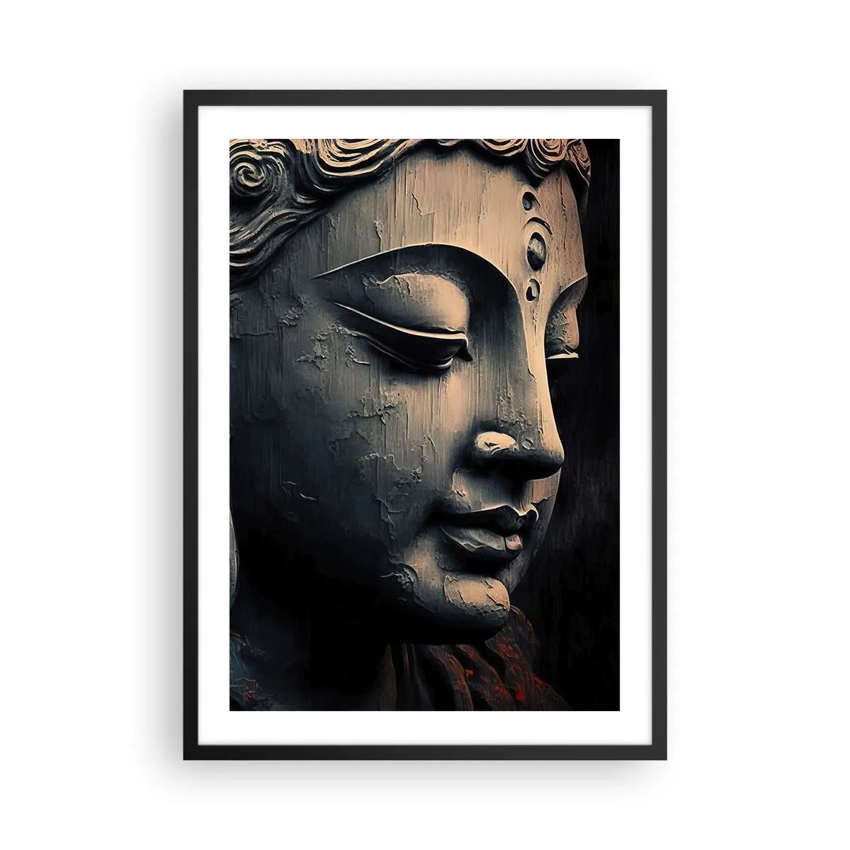 Affisch i svart ram - Närbild av en Buddha-skulptur i varmt ljus - 50x70cm - I samklang med världen - Modern väggdekoration för vardagsrum och sovrum ARTTOR
