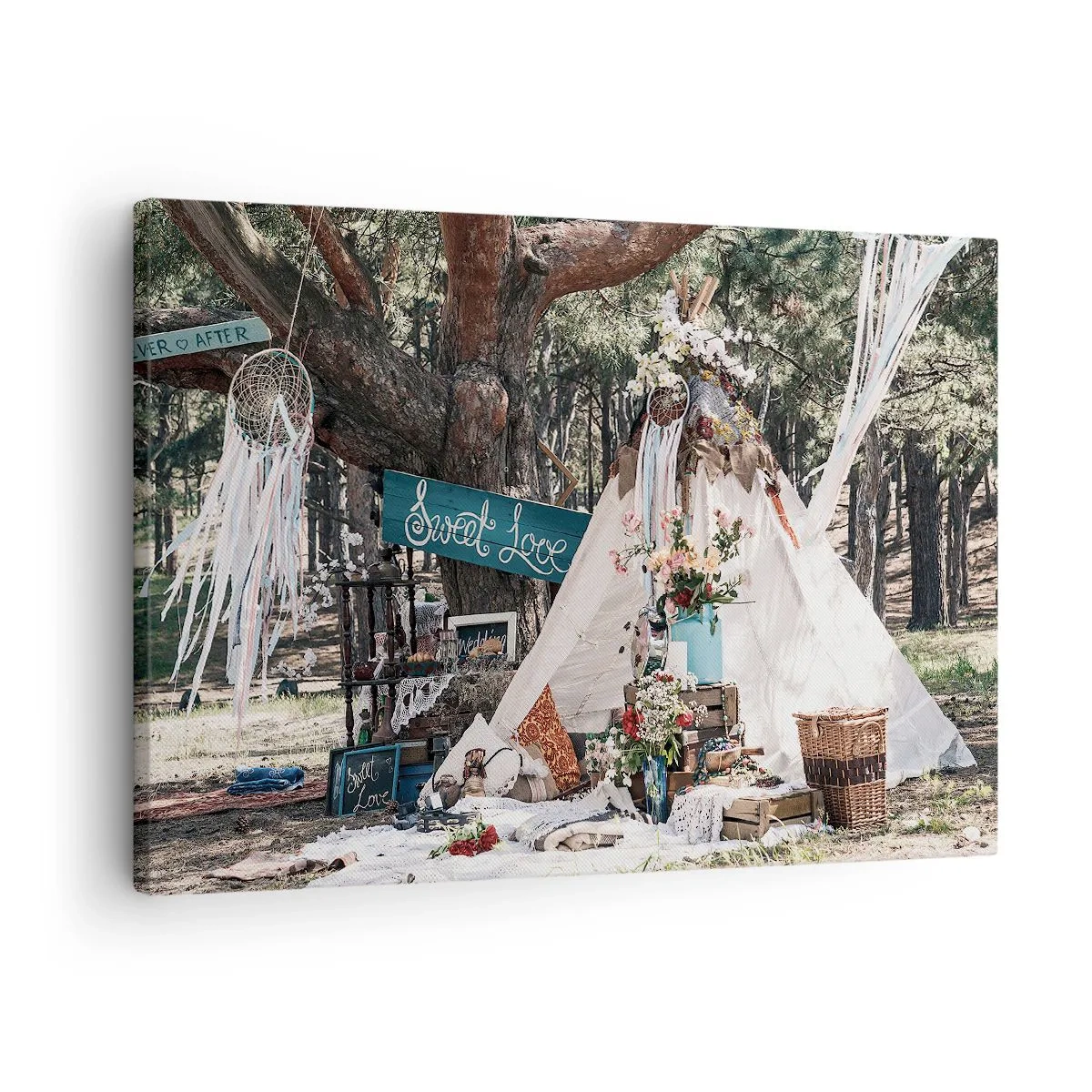 Canvastavla - Bild på duk - Boho-dekoration med en tipi i skogen - 70x50cm - Make love… - Modern väggdekoration för vardagsrum och sovrum ARTTOR
