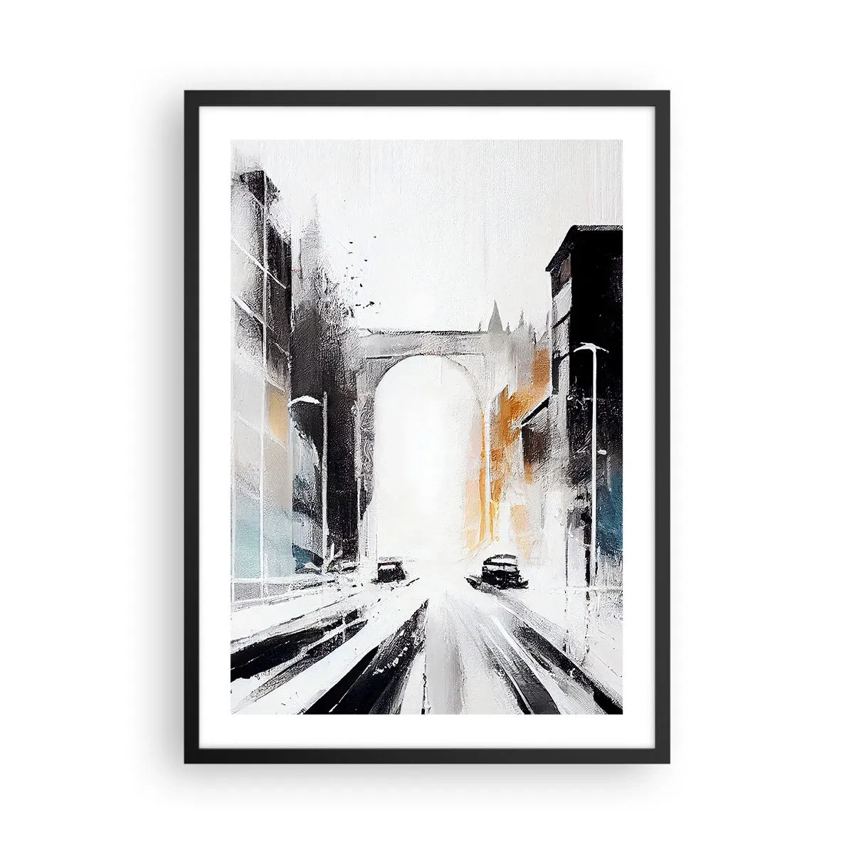 Affisch i svart ram - Abstrakt stadspanorama med en monumental båge - 50x70cm - Stadsstudie: arkitektur och rörelse - Modern väggdekoration för vardagsrum och sovrum ARTTOR