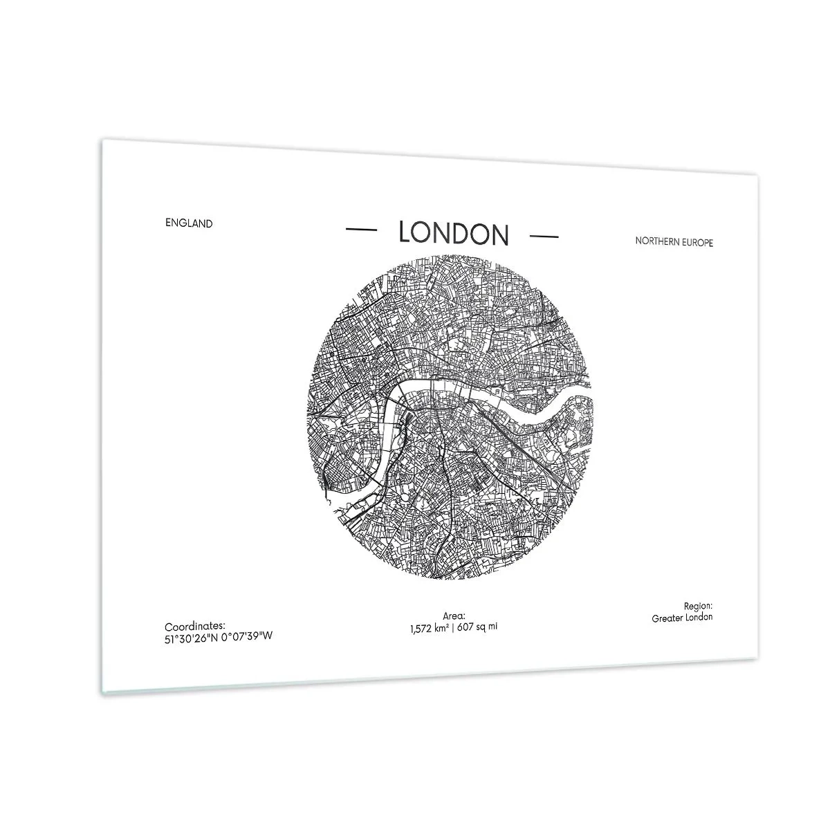 Glastavla - Bild på glas - En detaljerad karta över London i grafisk svartvit stil. - 70x50cm - Londons anatomi - Modern väggdekoration för vardagsrum och sovrum ARTTOR