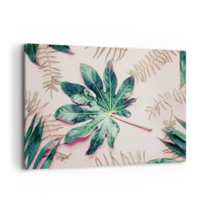 Canvastavla - Bild på duk - Grönskans studie mot rosa bakgrund - 100x70 cm