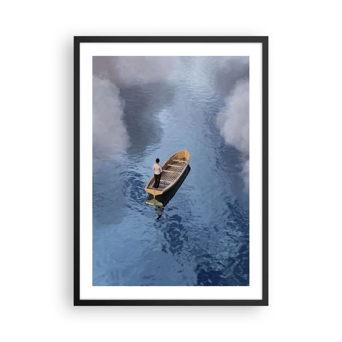 Affisch i svart ram - En person i en båt som flyter på vatten som speglar himlen och molnen. - 50x70cm - Livet - resan - det okända - Modern väggdekoration för vardagsrum och sovrum ARTTOR