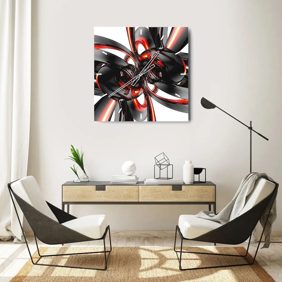 Väggklocka - Klocka på glas - Rörelse i grafit och röd - 40x40 cm