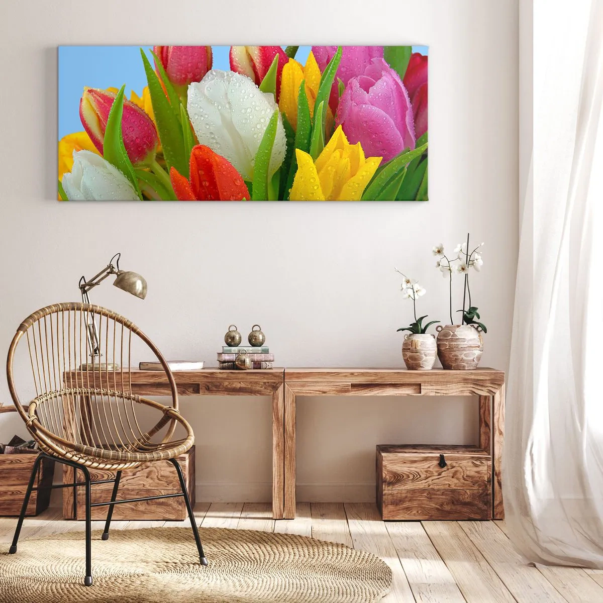 Canvastavla - Bild på duk - blommig regnbåge i daggdroppar - 160x50 cm
