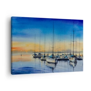 Canvastavla - Bild på duk - Yachthamn vid solnedgången med reflektioner på vattnet - 70x50cm - Slutet på en bra dag - Modern väggdekoration för vardagsrum och sovrum ARTTOR