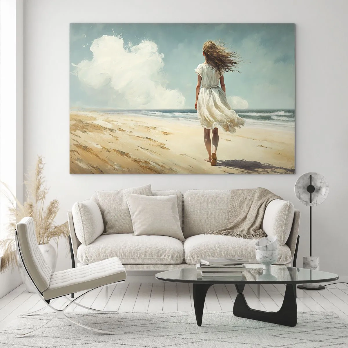 Glastavla - Bild på glas - En kvinna i en vit klänning som går barfota på en solig strand - 70x50cm - Att möta solen och vinden - Modern väggdekoration för vardagsrum och sovrum ARTTOR