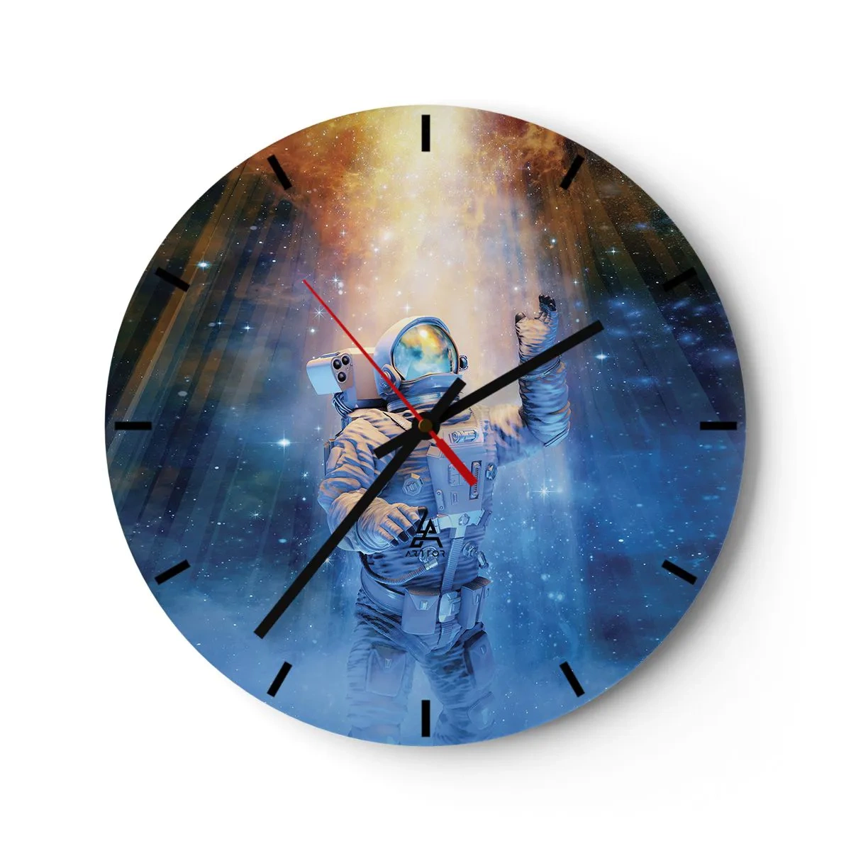Väggklocka - Klocka på glas - En astronaut som driver genom rymden i stjärnljuset - 30x30cm - Äntligen i målet - Modern väggdekoration för vardagsrum, kök och sovrum ARTTOR