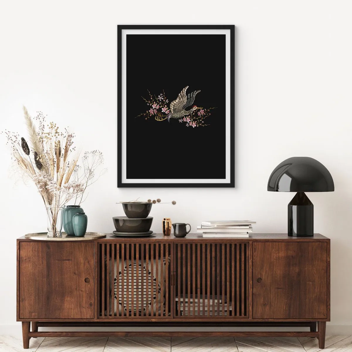 Affisch i svart ram - Exotisk, broderad fågel - 61x91 cm