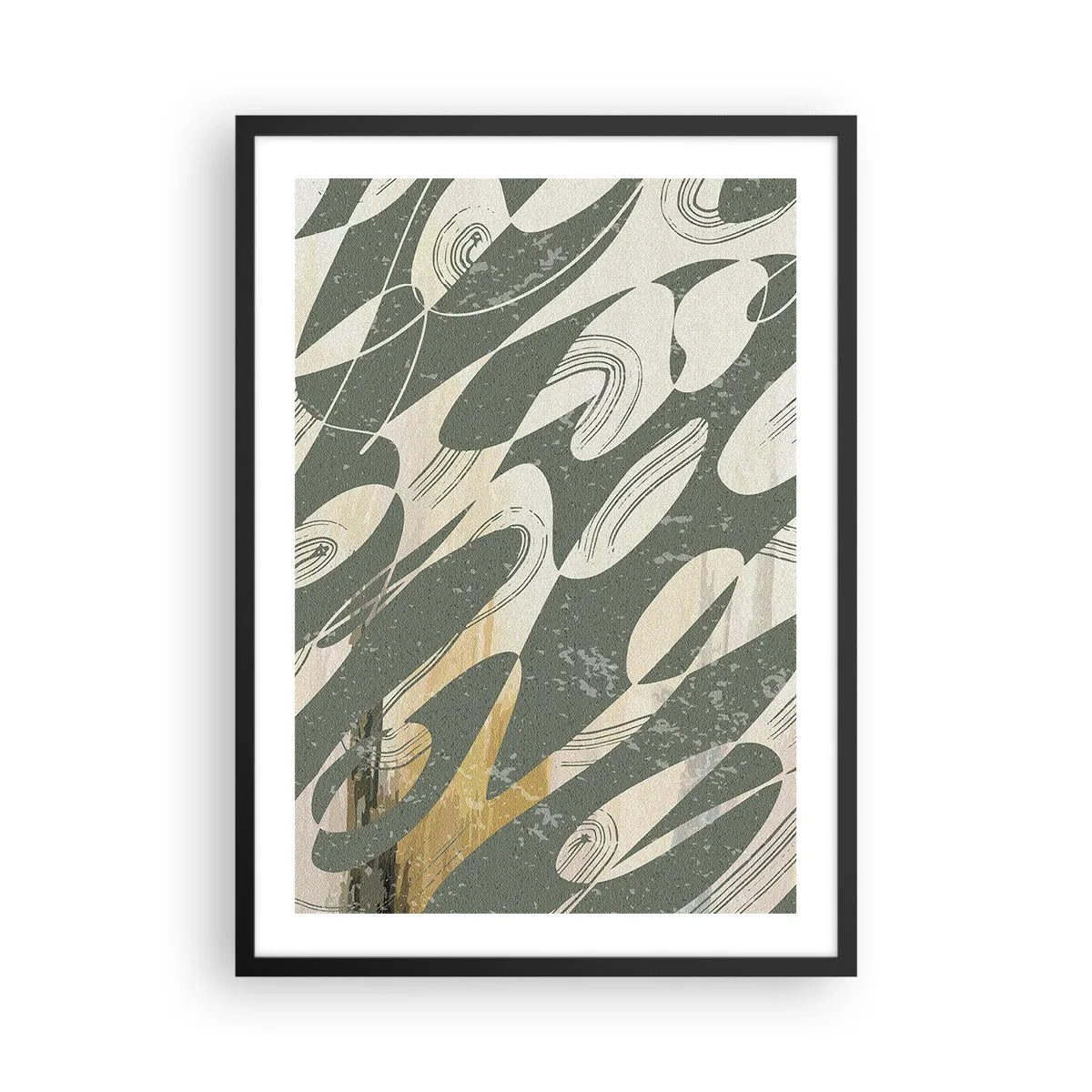 Affisch i svart ram - En abstrakt komposition av organiska former i grönt och beige. - 50x70cm - Rytmisk abstraktion - Modern väggdekoration för vardagsrum och sovrum ARTTOR