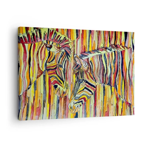 Canvastavla - Bild på duk - Färgglada zebror mot en bakgrund av abstrakta ränder - 70x50cm - Så du också... - Modern väggdekoration för vardagsrum och sovrum ARTTOR
