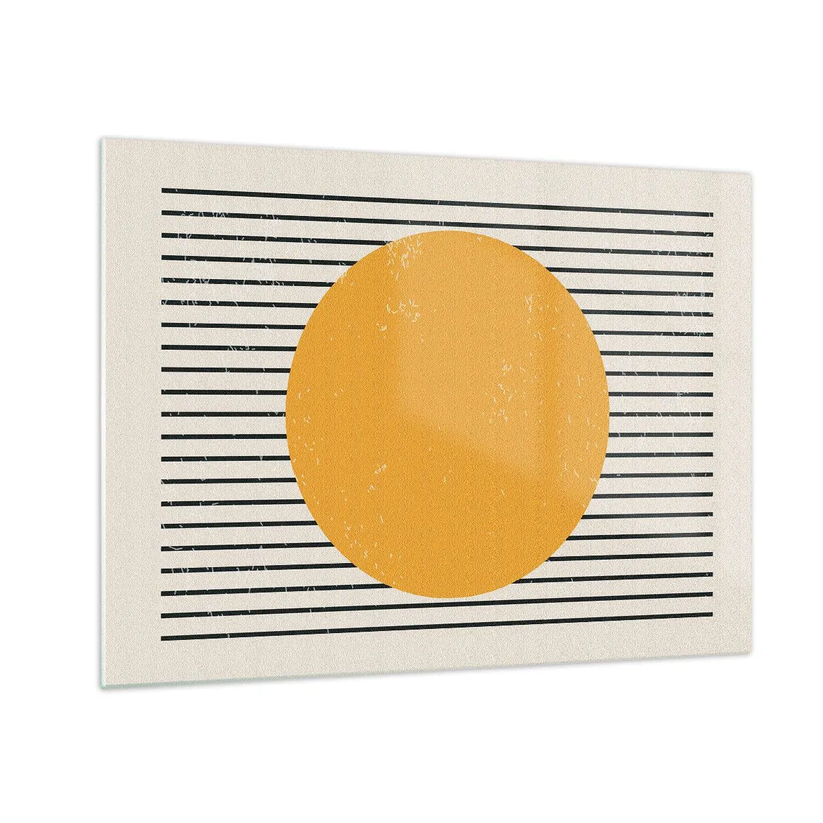 Glastavla - Bild på glas - En orange cirkel mot en bakgrund av horisontella svarta linjer på en beige bakgrund. - 70x50cm - Enkelhetens kraft - Modern väggdekoration för vardagsrum och sovrum ARTTOR