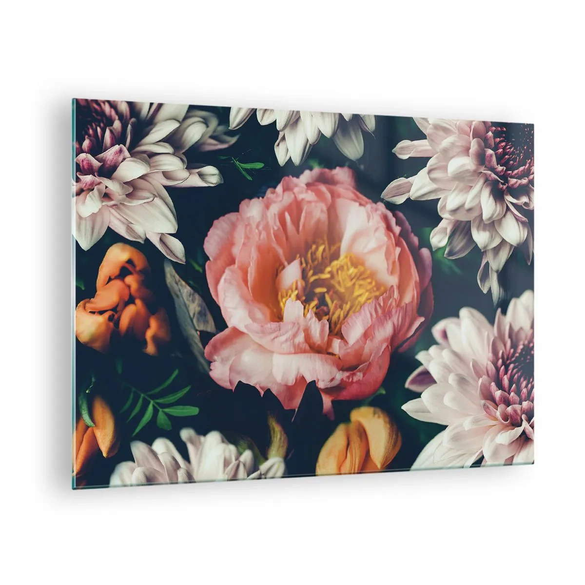 Glastavla - Bild på glas - Närbild av pioner och krysantemum i pastellfärger - 70x50cm - Med barockprakt - Modern väggdekoration för vardagsrum och sovrum ARTTOR