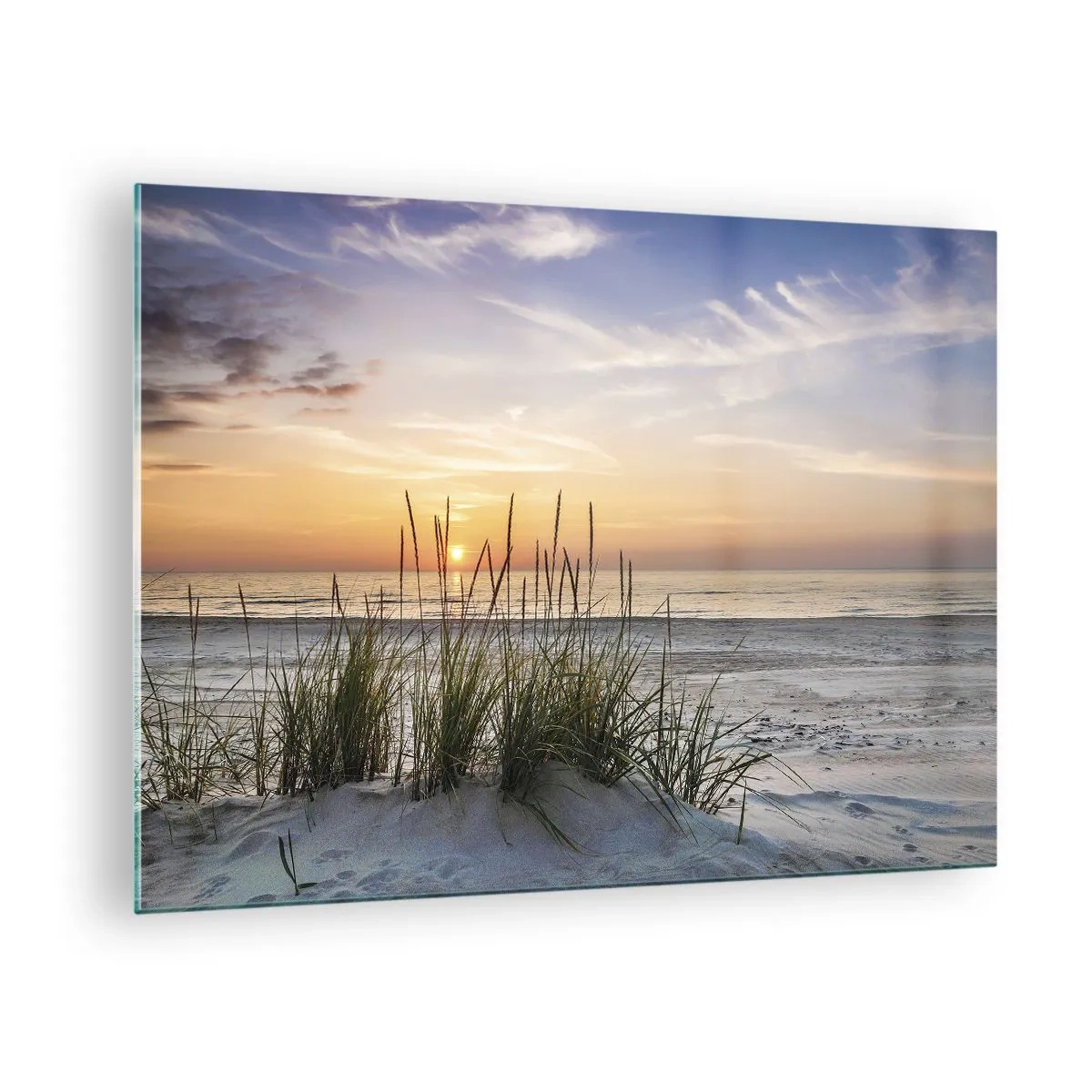 Glastavla - Bild på glas - Solnedgång över en gräsbevuxen strand - 70x50cm - Titta, tänk, känn - Modern väggdekoration för vardagsrum och sovrum ARTTOR