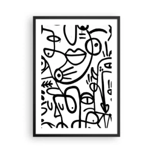 Affisch i svart ram - Abstrakta svarta linjer på en vit bakgrund - 50x70cm - Ansikten och hägringar - Modern väggdekoration för vardagsrum och sovrum ARTTOR
