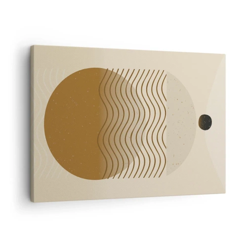 Canvastavla - Bild på duk - Geometrisk abstraktion med cirklar och vågiga linjer i varma färger. - 70x50cm - Om geometriska figurers ursprung - Modern väggdekoration för vardagsrum och sovrum ARTTOR