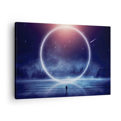 Canvastavla - Bild på duk - Ett magiskt landskap med en figur och en cirkel av ljus på natten - 70x50cm - De finns redan här... - Modern väggdekoration för vardagsrum och sovrum ARTTOR