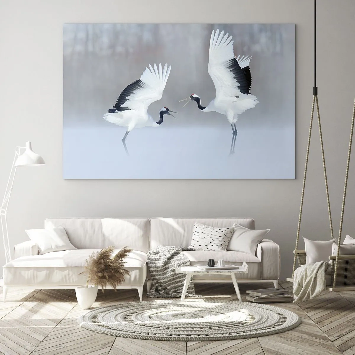 Glastavla - Bild på glas - Dansande tranor mot bakgrund av ett vinterlandskap - 70x50cm - Dansen i dimman - Modern väggdekoration för vardagsrum och sovrum ARTTOR