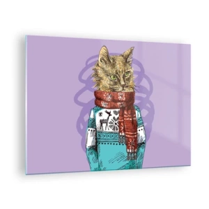 Glastavla - Bild på glas - En katt i en tröja och halsduk på en lila bakgrund - 70x50cm - Mästerkatten - Modern väggdekoration för vardagsrum och sovrum ARTTOR