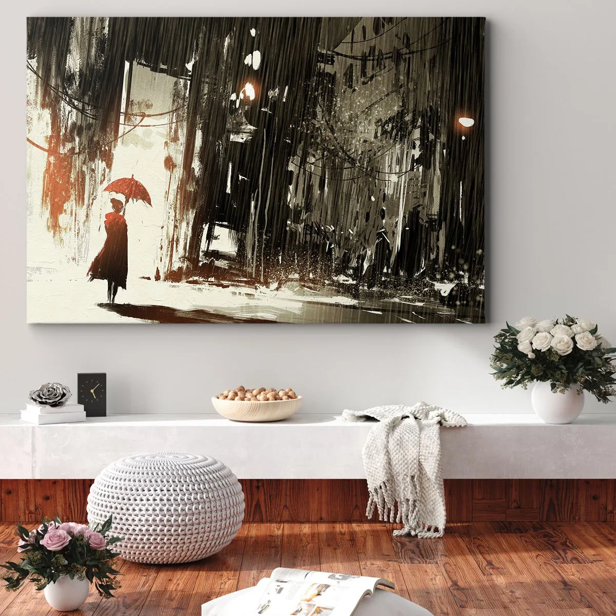 Canvastavla - Bild på duk - En röd figur med ett paraply i en regnig scen - 70x50cm - Röda paraplyets poesi - Modern väggdekoration för vardagsrum och sovrum ARTTOR