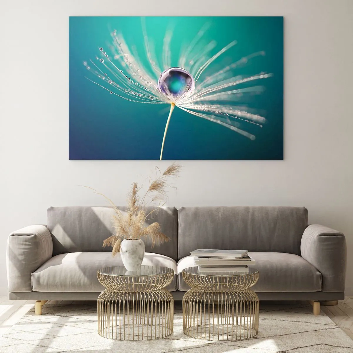 Glastavla - Bild på glas - Makrofotografi av ett maskrosfrö med en daggdroppe på en turkos bakgrund - 70x50cm - Mystisk stund - Modern väggdekoration för vardagsrum och sovrum ARTTOR