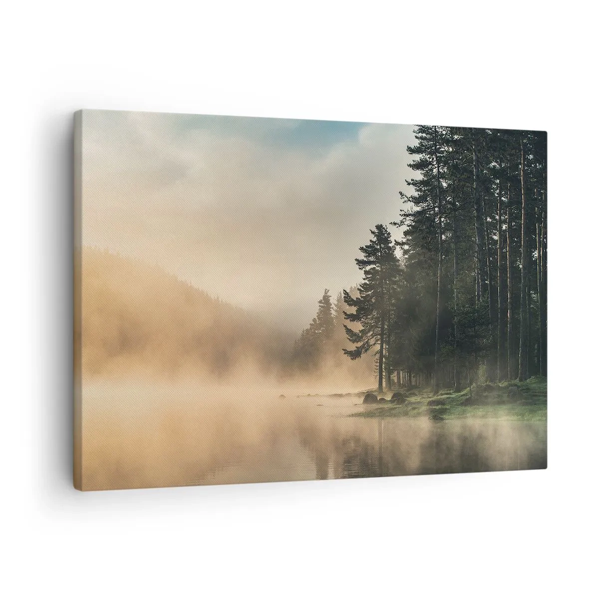Canvastavla - Bild på duk - En dimmig skog över en lugn sjö - 70x50cm - Dagen föds - Modern väggdekoration för vardagsrum och sovrum ARTTOR