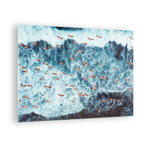 Glastavla - Bild på glas - Rosa flamingos ovanför de grova havsvågorna - 70x50cm - Kustparad - Modern väggdekoration för vardagsrum och sovrum ARTTOR