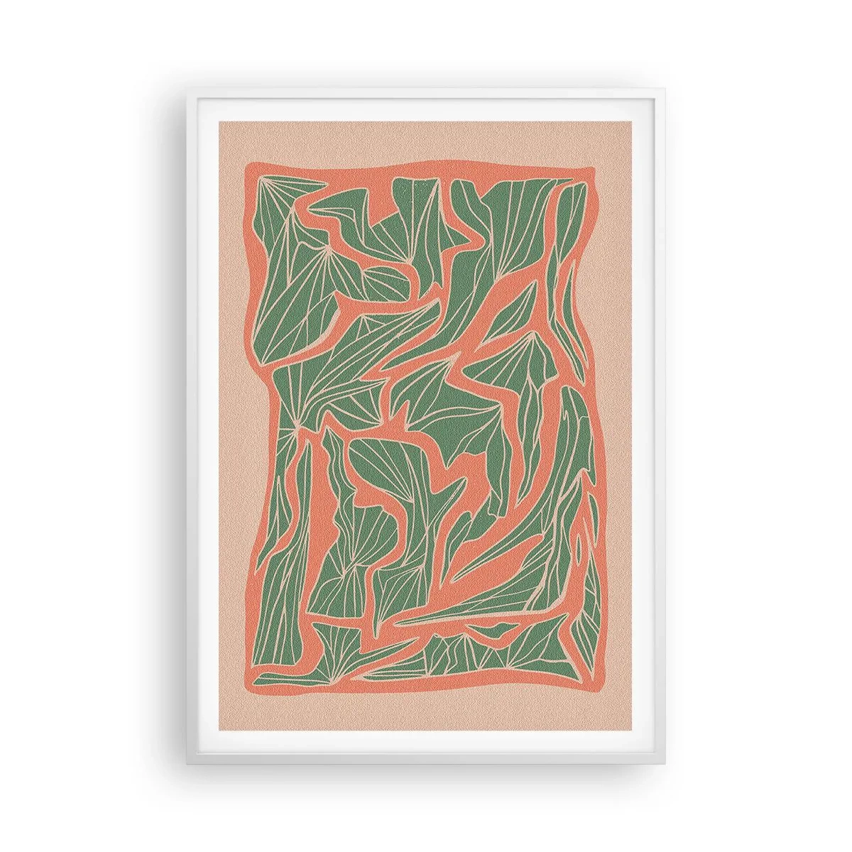 Affisch i vit ram - En kamp mellan korall och grönt - 70x100 cm