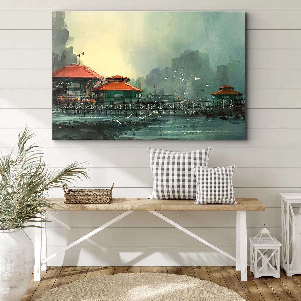 Canvastavla - Bild på duk - Hamnbyggnader i ett regnigt landskap med måsar - 70x50cm - Duggig dag i hamnen - Modern väggdekoration för vardagsrum och sovrum ARTTOR